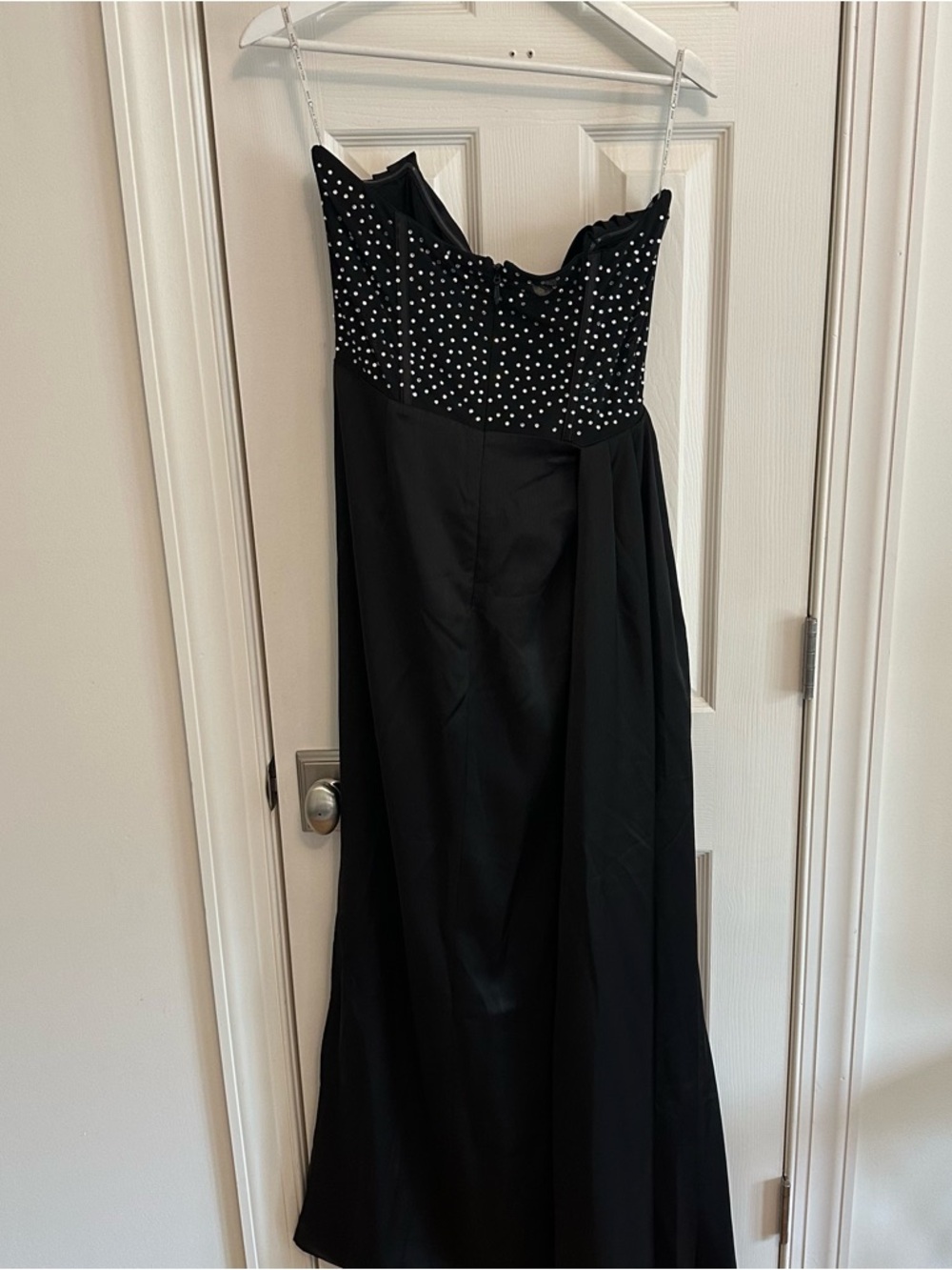 Miss Circle Holly Black Crystallized Corset High Slit Satin Gown - Picture 9 of 13